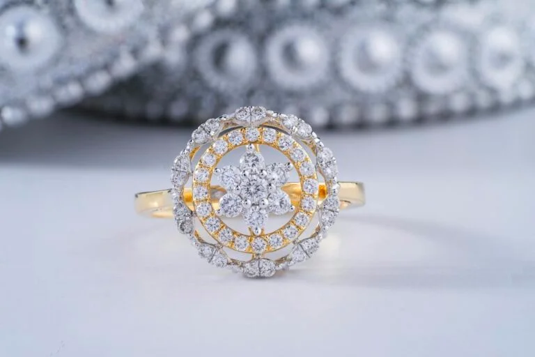 Close-up of an elegant diamond ring showcasing intricate design and craftsmanship.