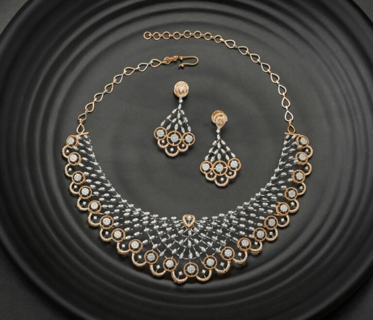 Luxurious diamond necklace and earrings elegantly displayed on a black plate.